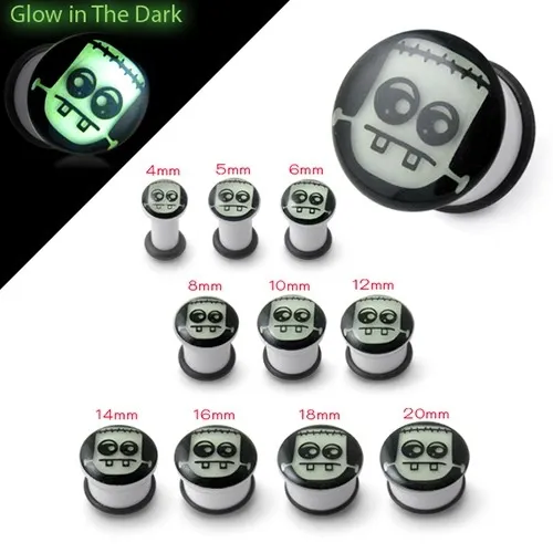 Bílý plug do ucha svítící ve tmě - Frankenstein - Tloušťka : 10 mm