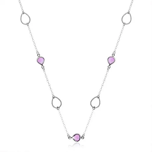 Náhrdelník, stříbro 925, fialový zirkon a obrys - různě otočené kapky