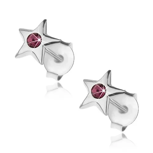 Stříbrné 925 náušnice, lesklá hvězdička s fialovým krystalem Swarovski