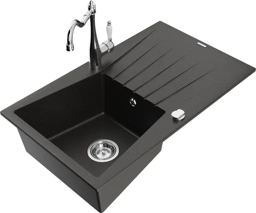 MEXEN/S Cesar granitový dřez 1-miska s odkapávačem včetně baterie Carla, černá/zlatá metalik 6514-75-670700-00