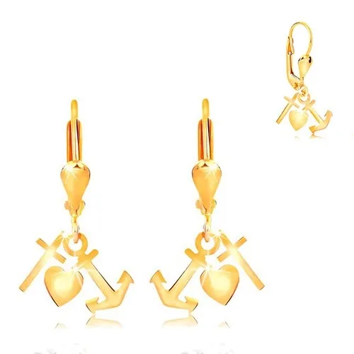 Zlaté 14K náušnice - lesklá obrácená slza, kotva, srdce a kříž