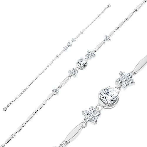 Stříbrný náramek 925, lesklé zrnkovité články, čiré květy a kulatý zirkon