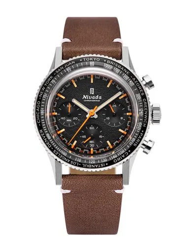 Nivada Grenchen Chronoking Mecaquartz - Inter. Bezel - Brown Leather White Stitching