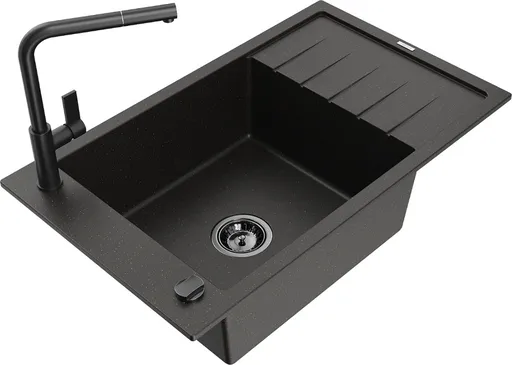 MEXEN/S Elias granitový dřez 1 s odkapávačem včetně baterie Flora, černá/zlatá metalik 6511-75-670401-70-B