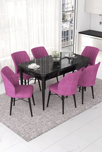Extendable Dining Table & Chairs Set (7 Pieces) Nef - Black Marble, Purple