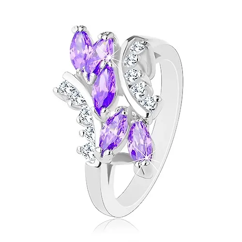 Prsten stříbrné barvy, fialová zirkonová zrníčka, čiré zahnuté linie - Velikost: 51