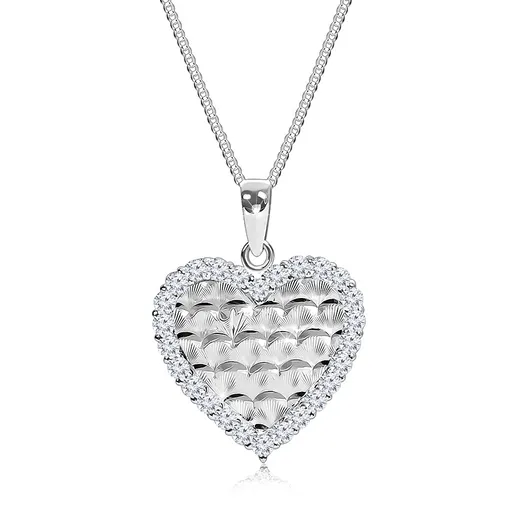 Stříbrný 925 náhrdelník, srdíčko s blýskavými obloučky a s čirým lemem