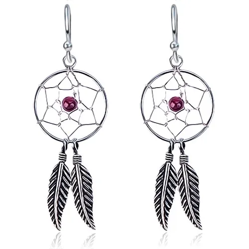 Visací náušnice ze stříbra 925 - kruhový lapač snů, fialový korálek