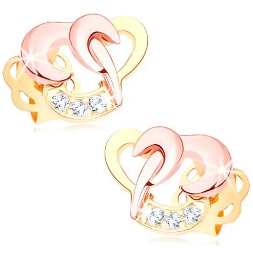 Zlaté briliantové náušnice 585 - propojené kontury srdcí, čiré diamanty