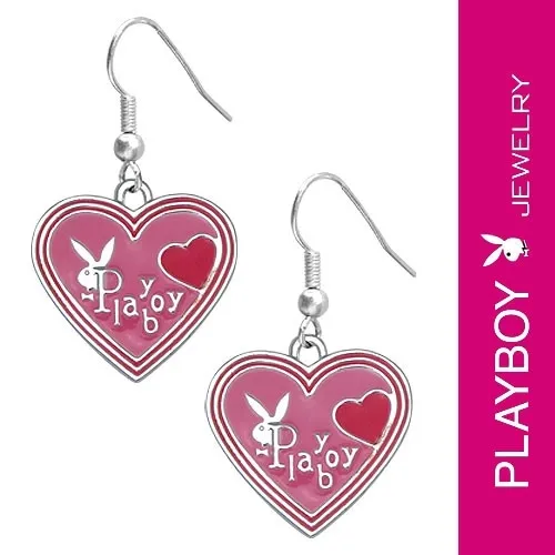 PLAYBOY náušnice - růžová smaltovaná srdíčka