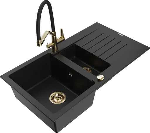 MEXEN/S Matias granitový dřez 1.5 s odkapávačem včetně baterie Duo, černá 6502-77-671701-57-G