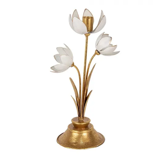 Bílo-zlatý antik kovový svícen na úzkou svíčku Flower - 16*11*30 cm Clayre & Eef