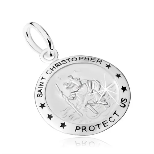 Stříbrný přívěsek 925, medailon se sv. Kryštofem, nápis, hvězdy