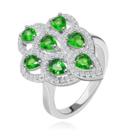Prsten ze stříbra 925, blýskavý střapec ze zelených zirkonů s čirým lemem - Velikost: 57