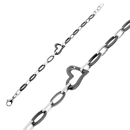 Ocelovo-keramický náramek, černá kontura srdce, oválné články