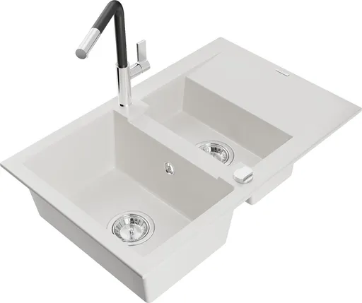 MEXEN/S Gaspar granitový dřez 1.5 s odkapávačem včetně baterie Flora, bílá 6507-20-670401-07