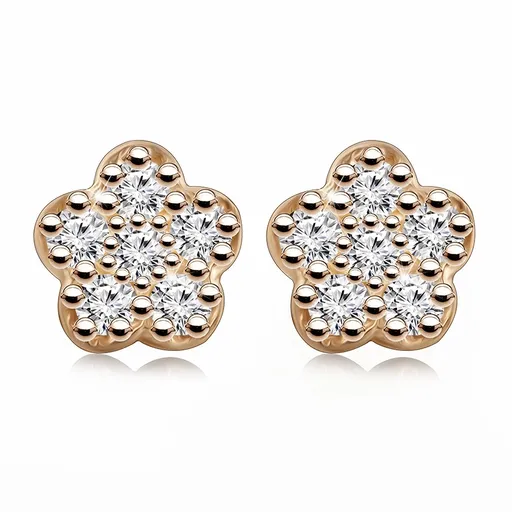 Šroubovací náušnice z růžového zlata 585 - motiv květin, čiré zirkony