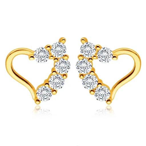 Zlaté náušnice ze 14K žlutého zlata - nepravidelná kontura srdce, čiré zirkony