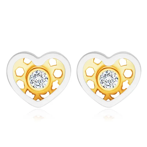 Náušnice v kombinovaném 14K zlatě - symetrické srdíčko, kulatý čirý zirkon