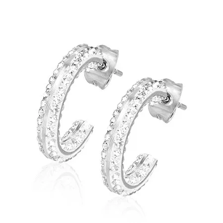 Náušnice z oceli - kruhový segment, vsazané čiré zirkony