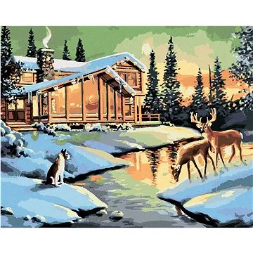 Zuty - Malování podle čísel - LAŇ, JELEN A PES U SRUBU (D. RUSTY RUST), 80x100 cm, vypnuté plátno na (HRAmmb03101nad)