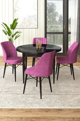 Dining Table & Chairs Set (5 Pieces) Rox - Black Marble, Purple