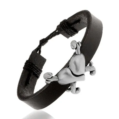 Kožený náramek černé barvy, velké vypouklé srdce s rýhou, kosti