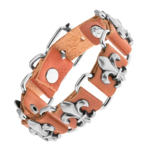 Hnědý náramek z umělé kůže a ocelových oválů, symboly Fleur de Lis