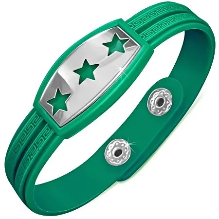 Náramek z gumy tmavozelené barvy, známka s hvězdičkami