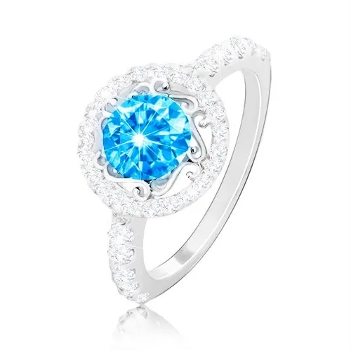 Stříbrný prsten 925 - zirkon akvamarínové barvy, ornamenty, čiré zirkonky - Velikost: 49