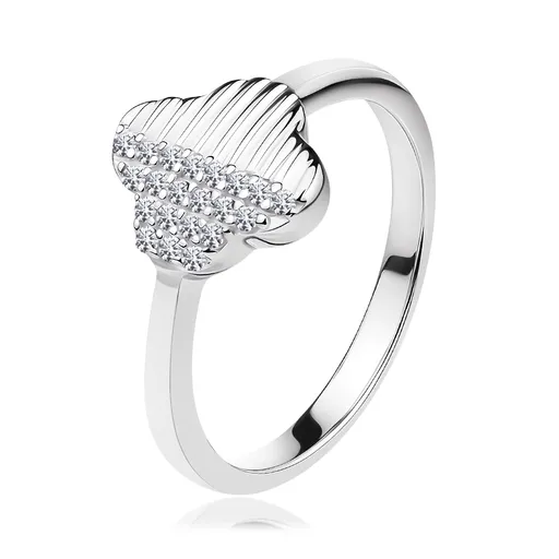 Stříbrný prsten 925 - čtyřlístek s vroubkováním a čirými zirkony - Velikost: 49