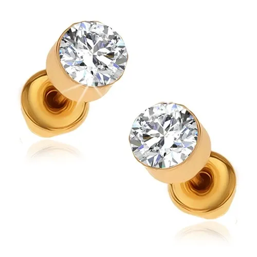 Náušnice ve zlatém provedení, kulaté čiré kamínky v lesklé objímce