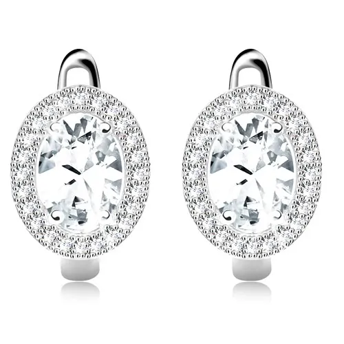 Stříbrné 925 náušnice, oválný zirkon čiré barvy, lem z drobných zirkonků
