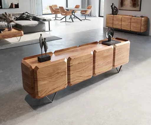 TV stolek Kiano 200 cm přírodní akácie 4 dvířka podnož ve tvaru