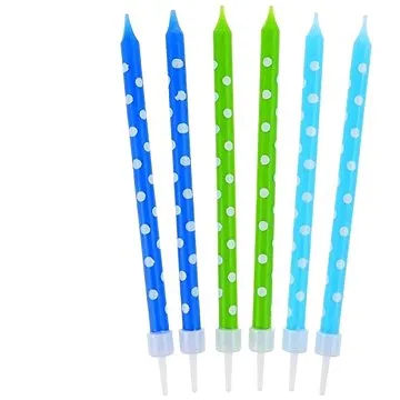 Svíčky dortové, 10cm, se stojánkem, puntíky, modré, zelené, 24ks (5901238624455)