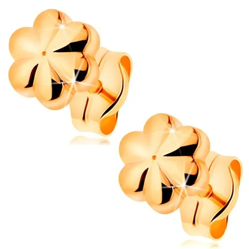 Puzetové náušnice ze žlutého 14K zlata - malý lesklý kvítek se zářezy