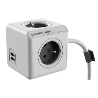 Síťový kabel 230V prodlužovací, CEE7 (vidlice) - POWERCUBE, 3m, EXTENDED USB, šedý, POWERCUBE, 4 zásuvky, dětské pojistky