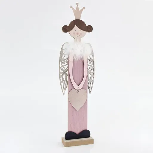 Eurolamp Vánoční dekorace dřevěná růžová víla se zlatými křídly 60 cm, 1 ks