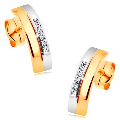 Zlaté náušnice 585 - dva spojené oblouky ve žlutém a bílém zlatě, čiré zirkonky