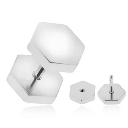 Falešný piercing do ucha z oceli, lesklé šestiúhelníky stříbrné barvy