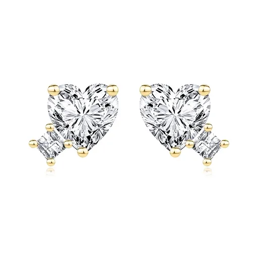 Náušnice ze žlutého 14K zlata - čiré srdce a čtvercové zirkony, puzetky
