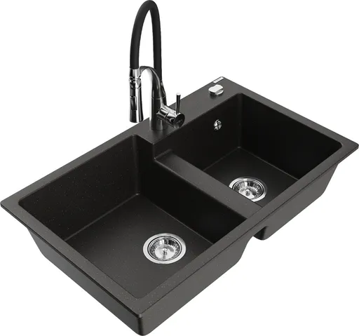 MEXEN/S Tomas granitový dřez 2-bowl včetně baterie Aster, černá/zlatá metalik 6516-75-73450-07