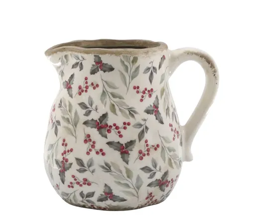 Béžový baňatý keramický džbán s cesmínou Holly - 13*16*15,5 cm Chic Antique