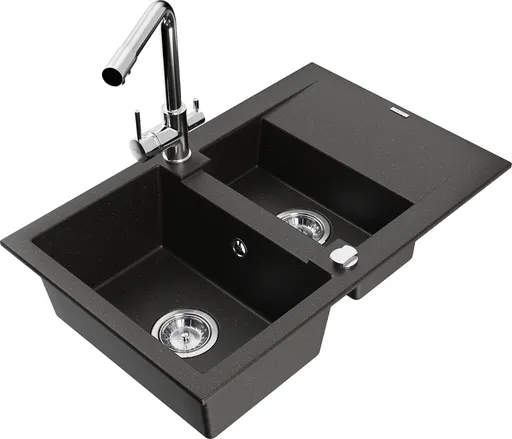 MEXEN/S Gaspar granitový dřez 1.5 s odkapávačem včetně baterie Duero, černá/zlatá metalik 6507-75-671600-00