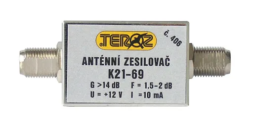 Anténní zesilovač TEROZ 406X, nízkošumový, UHF, G14dB, F1,5dB, U98dBμV, F-F