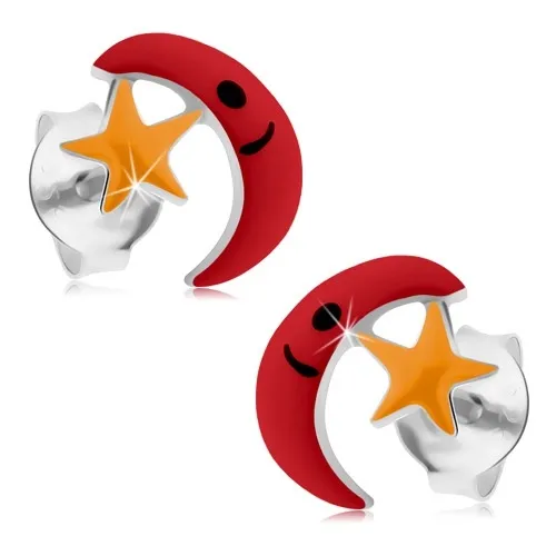 Náušnice ze stříbra 925, červený měsíc, žlutá hvězda, glazura, puzetky