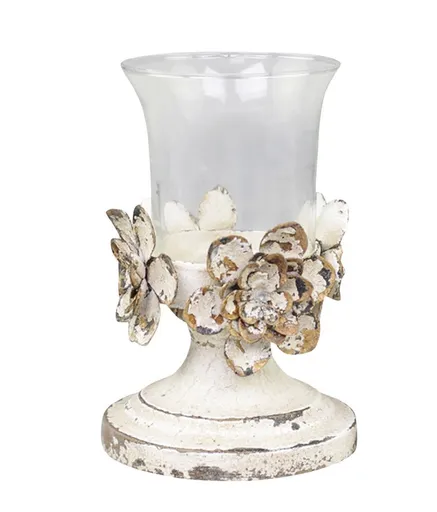 Béžový antik svícen na noze zdobený květy Brocante - Ø 12*18 cm Chic Antique