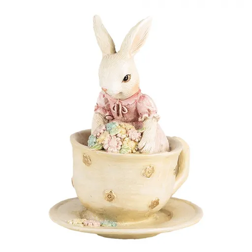Dekorace králičí dívka v šálku s květinami - 8*8*11 cm Clayre & Eef