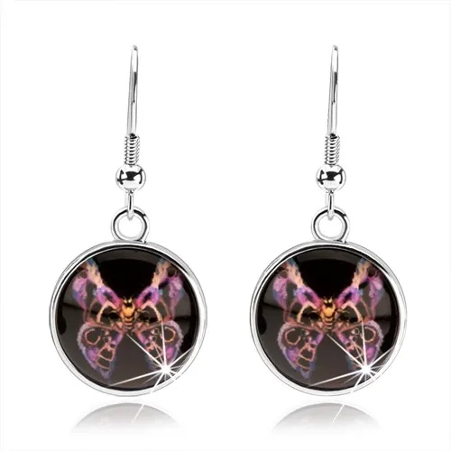 Náušnice s glazurou, motýl s fialovo-černými vzorovanými křídly, kabošon