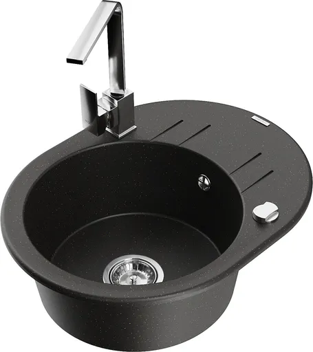 MEXEN/S Kevin granitový dřez s odkapávačem včetně baterie Rita, černá/zlatá metalik 6517-75-670300-00